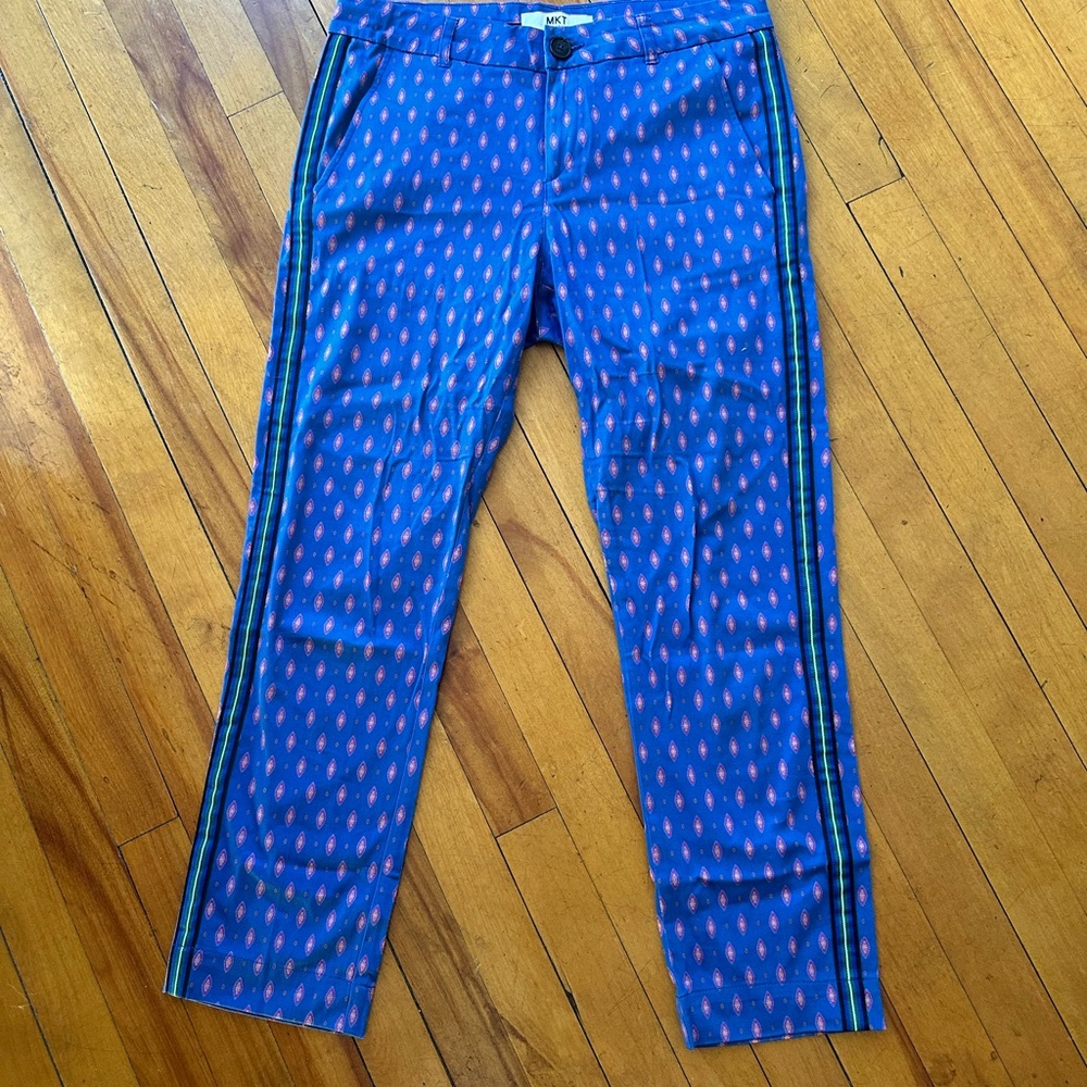 Stylish Blue Patterned Women's Pants with Black Stripes
